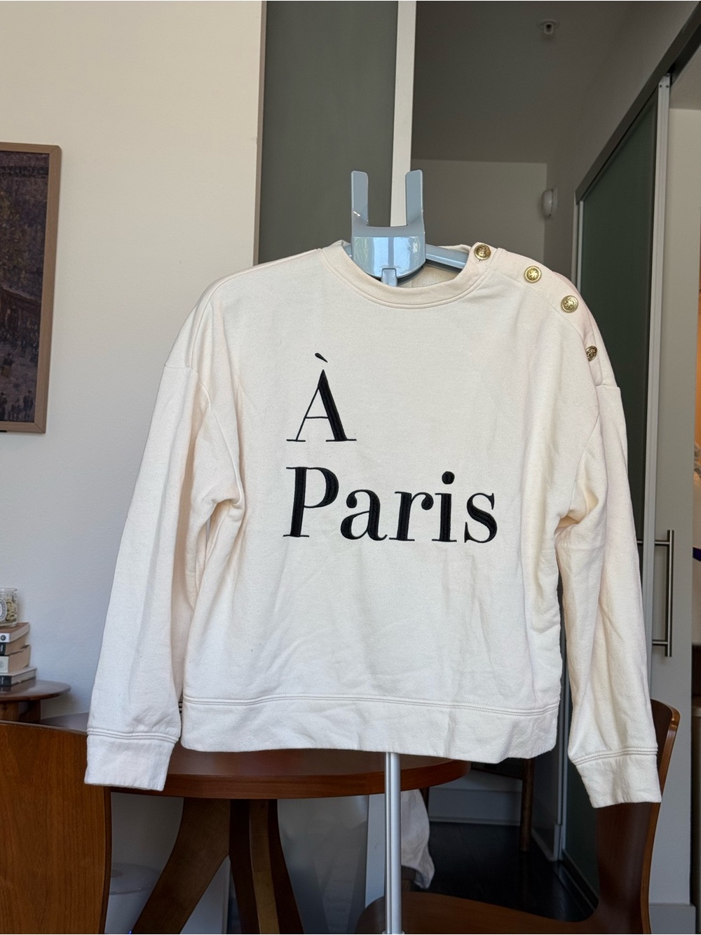 H&M - Cream Crewneck Sweatshirt with Black 'À Paris' Print and Gold Buttons